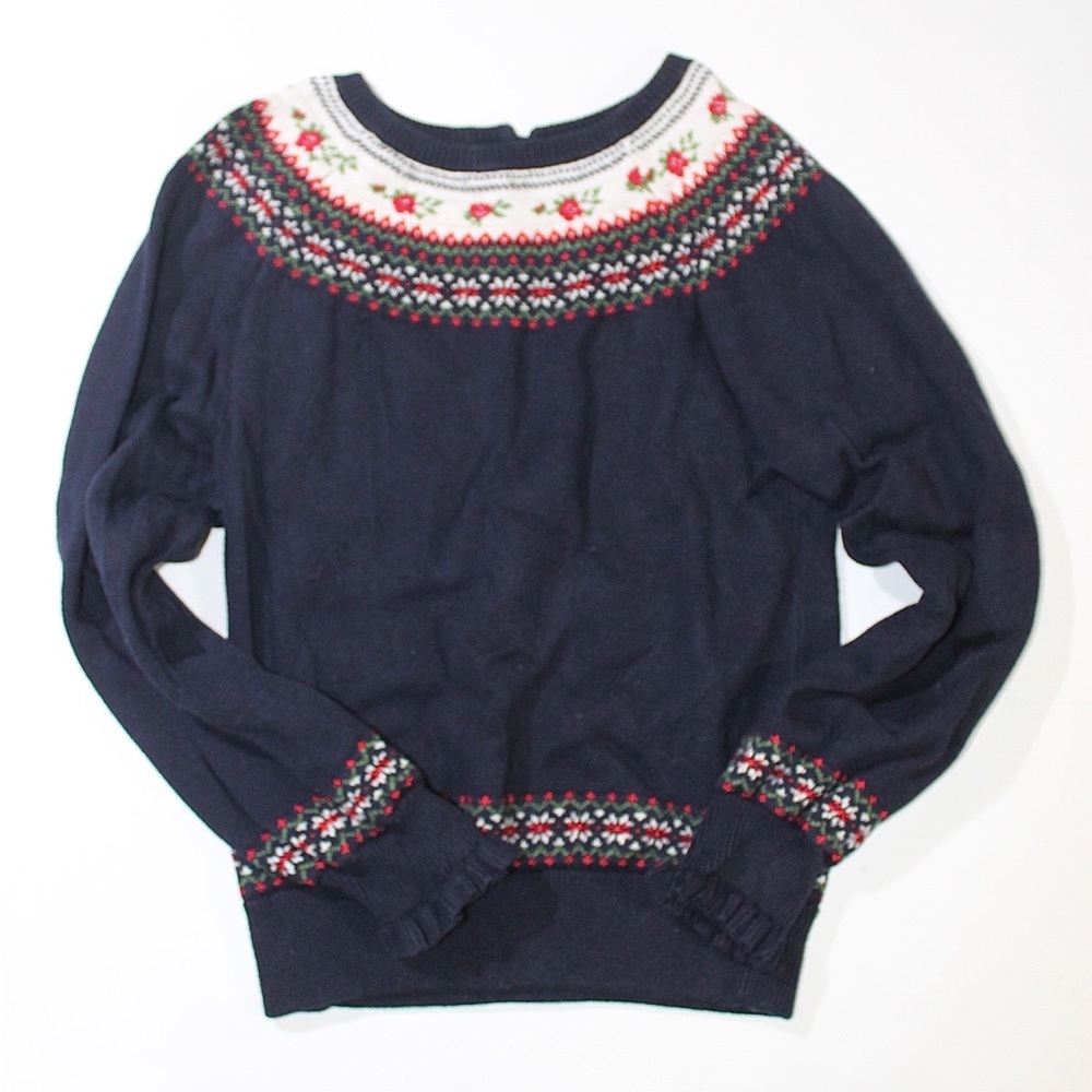 Janie and Jack Navy Fair Isle Yoke Crew Sweater with Red and Green Accents